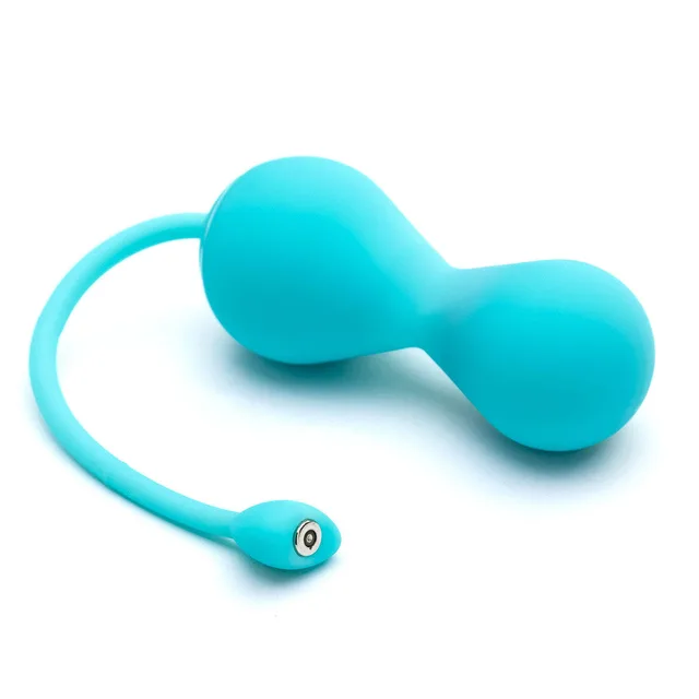 turquoise OhMiBod Krush exerciser with two rounded sections, cord and heart tab