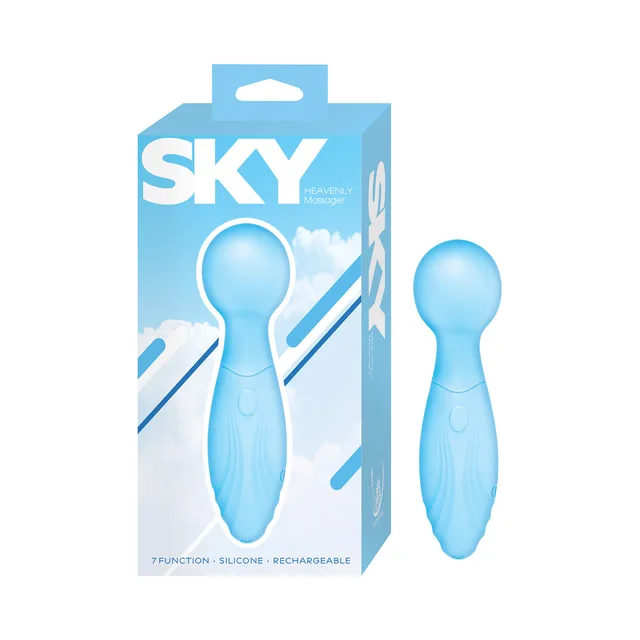 Nasstoys Sky Heavenly Massager blue round-head vibrator beside the blue retail box
