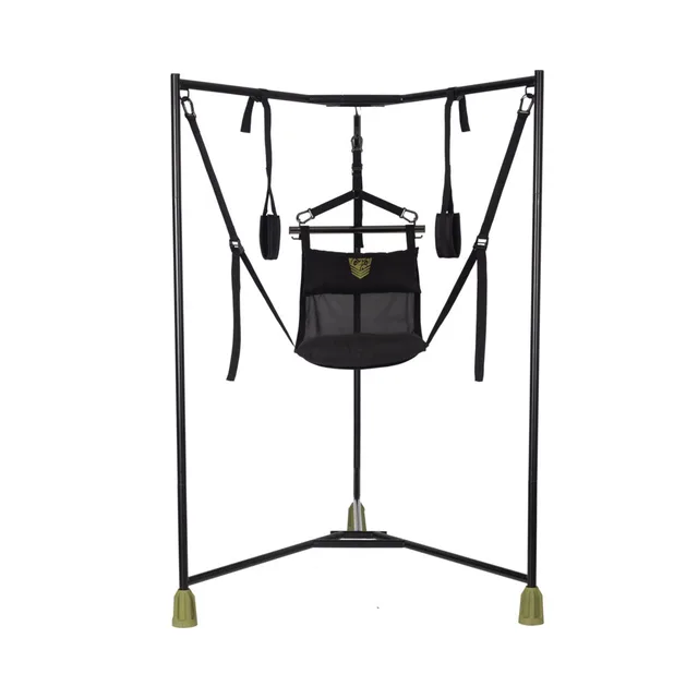 black Fort Troff Hammock Hangar three-leg frame with mesh sling and stirrups