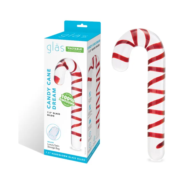 Glas Candy Cane Dream red-white dildo beside turquoise box