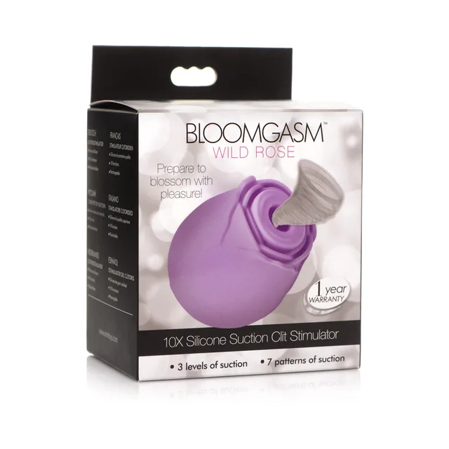 purple Bloomgasm Wild Rose silicone suction stimulator pictured on retail box
