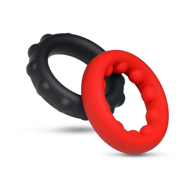 JOCK Enhancers black and red weighted silicone ring set two rings standing at an angle