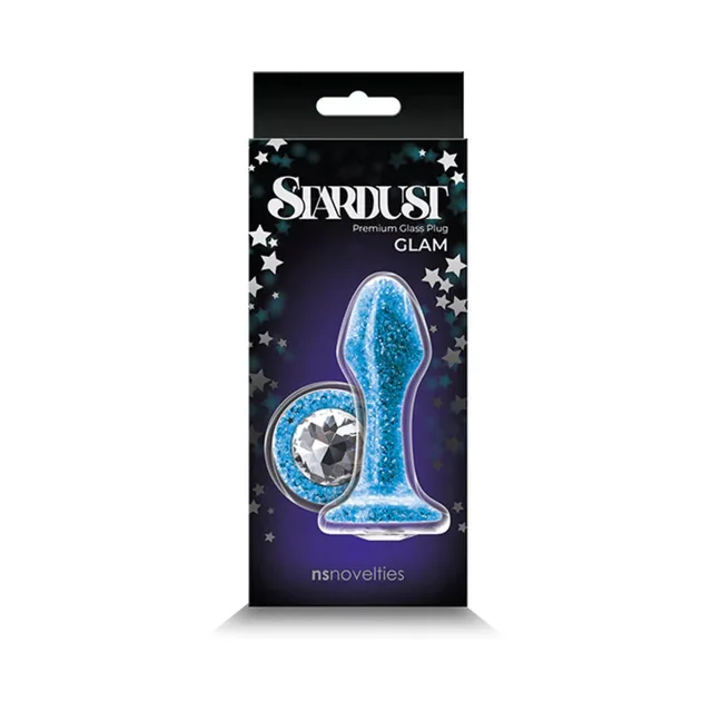 Stardust Glam blue glass plug with clear gem base in black box