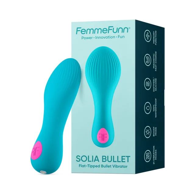 Turquoise FemmeFunn Solia Bullet beside teal-and-black retail box