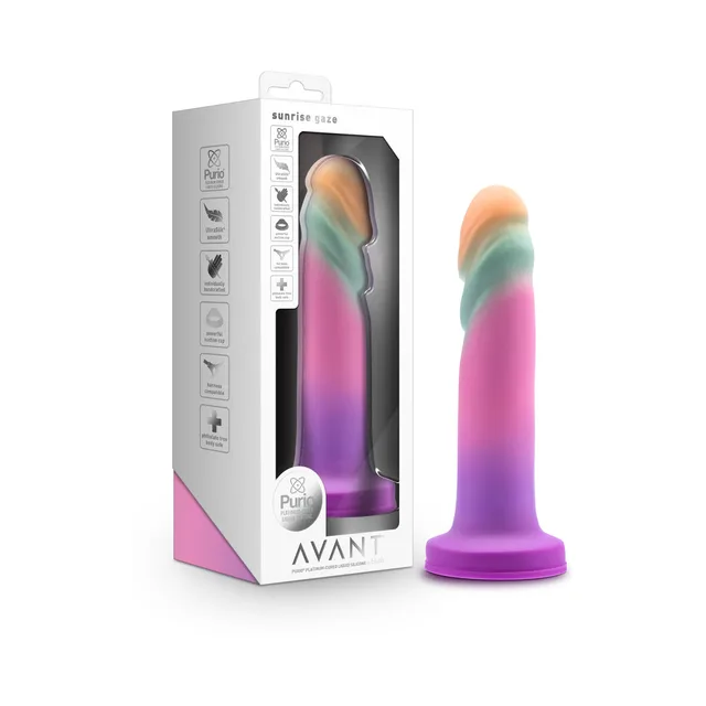 multicolor Avant Sunrise Gaze dildo with round base beside its white retail box