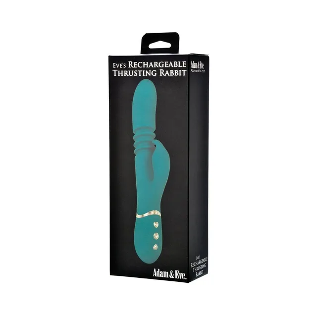 Adam & Eve Eve's teal rechargeable thrusting rabbit pictured on black retail box