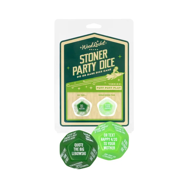 Wood Rocket Stoner Party Dice green blister card with two green prompt dice