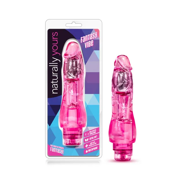 Pink Fantasy Vibe vibrator displayed beside Naturally Yours retail card