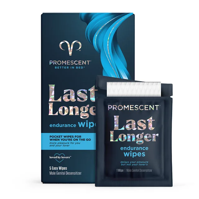Promescent endurance wipe packet with dark navy and bright blue retail carton