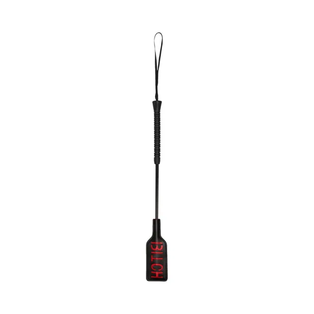 Full-length black Ouch crop with BITCH paddle and wrist loop
