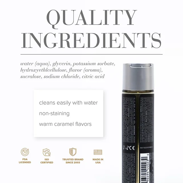 System JO Gelato Salted Caramel 4 oz ingredient panel beside bottle rear