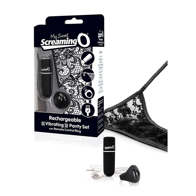 Screaming O My Secret Black Panty Vibe lace underwear pod remote and cable beside carton
