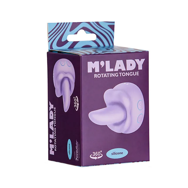 BMS M'Lady rotating tongue vibrator in lilac inside its purple cube-shaped retail box