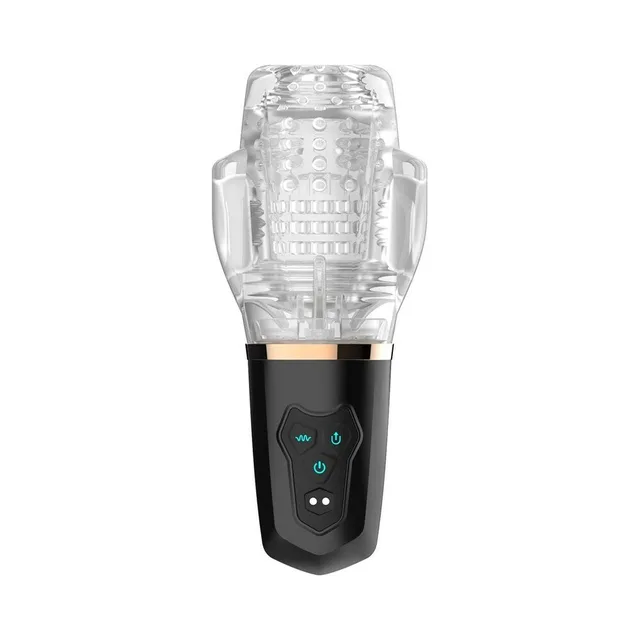 Adam & Eve Gawk Gawk 2.0 clear suction stroker upright front view with black control handle