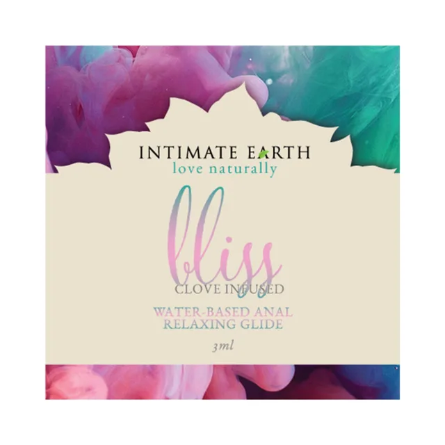 Intimate Earth Bliss 0.1 oz cream foil packet with floral border