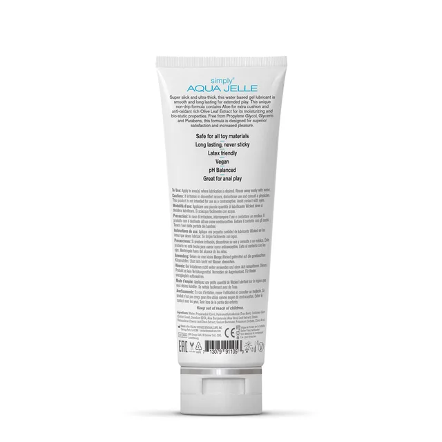 Rear label on Wicked Simply Aqua Jelle squeeze tube