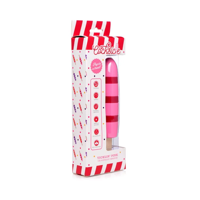 Pink striped Cocksicle popsicle vibrator in white and red retail box