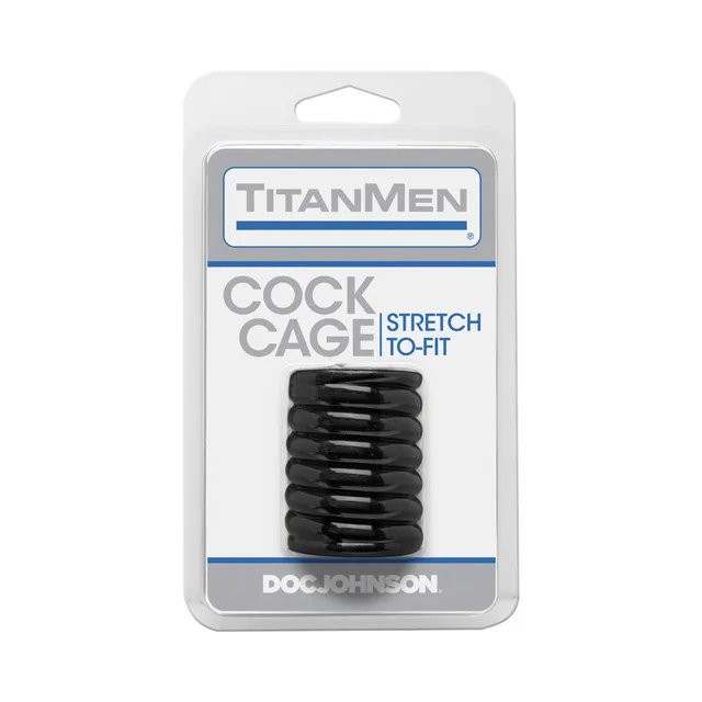 Black TitanMen ribbed cock cage in clear Doc Johnson retail packaging