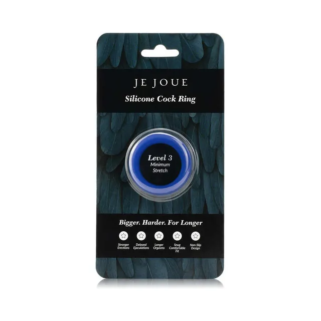 Front package view of blue Level 3 silicone cock ring