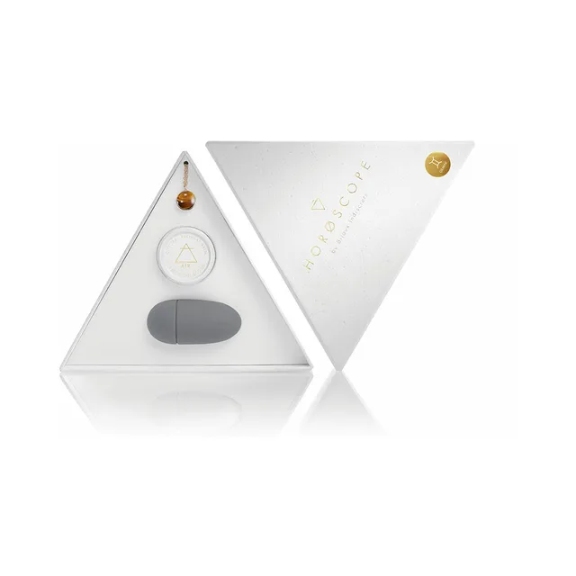 open white triangular Gemini Horoscope kit with orange stone necklace balm and gray vibrator