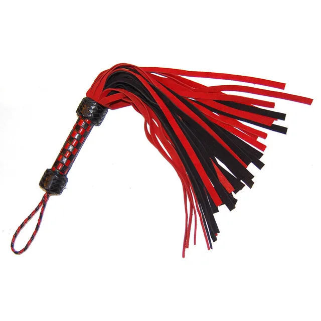 Ruff Doggie red and black short flogger with checkered grip and wrist loop