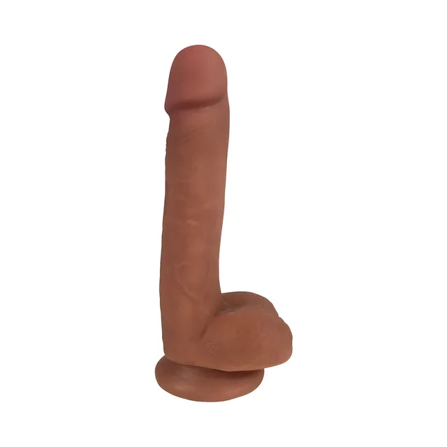 Curve Novelties Easy Riders 7-inch tan dildo isolated upright angle with rounded head, sculpted balls and suction-cup base