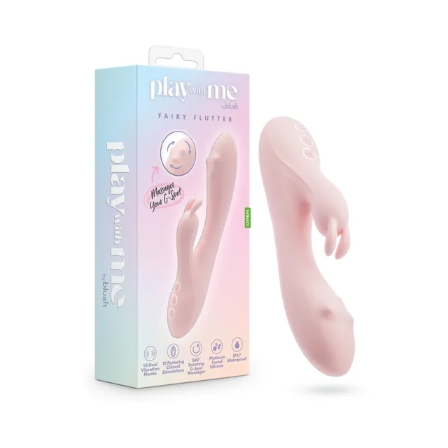 Blush Play With Me Fairy Flutter pink vibrator beside pastel pink retail box