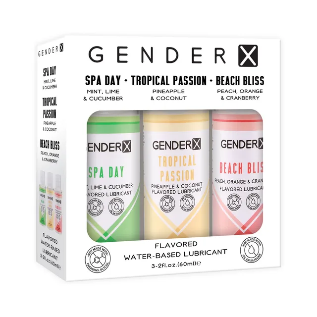 Gender X three-pack box with green yellow and pink flavored lubricant bottles