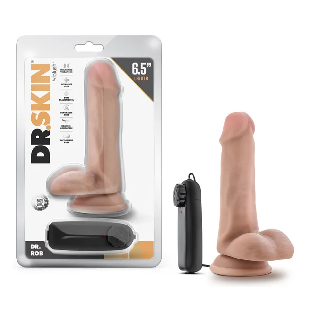 Blush Dr. Rob beige vibrator beside clear Dr. Skin retail package
