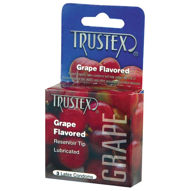 Trustex Grape Flavored three-pack of condoms in purple-red box