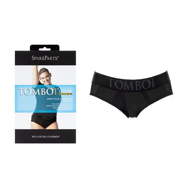 SpareParts Tomboi black 5XL harness brief beside retail package
