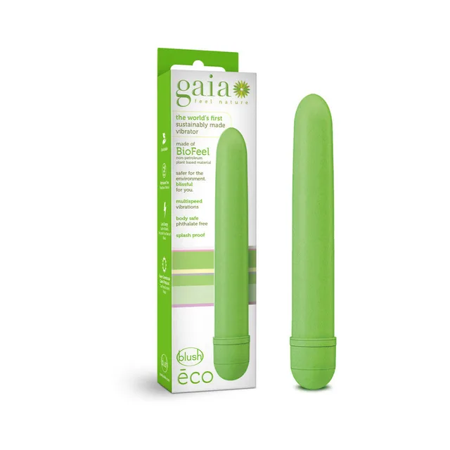 Gaia Eco Slimline Green Vibrator beside white green BioFeel retail carton