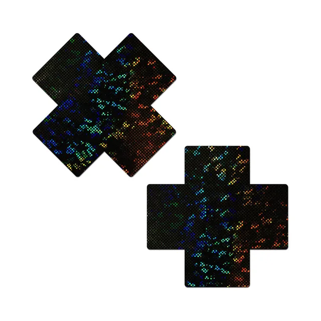 pair of black X-shaped full breast covers with multicolor holographic reflections