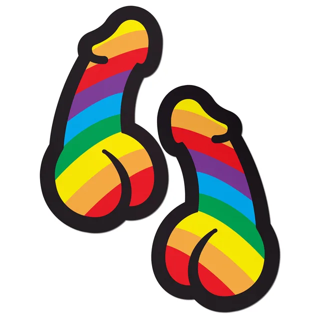 rainbow-striped penis-shaped Pastease pasties with black outlines