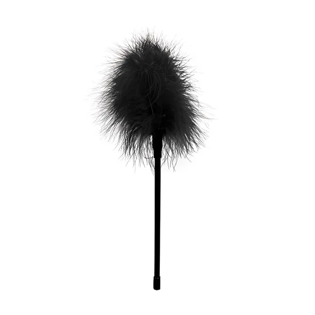 Shots Ouch black feather tickler with dense plume and slim straight handle