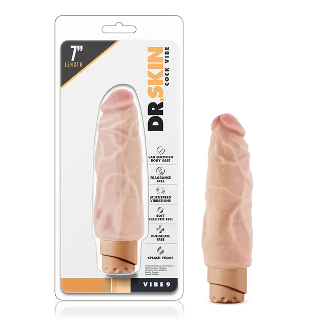 Dr. Skin Vibe 9 beige vibrating dildo beside retail package
