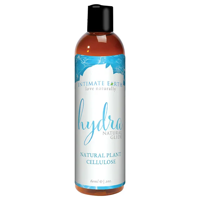 Intimate Earth Hydra 2 oz Glide slim amber bottle with blue white label and black cap
