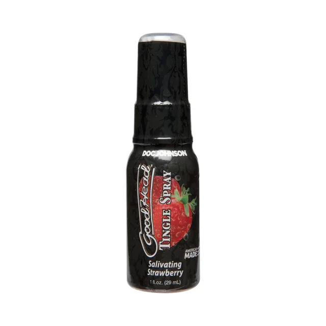 Doc Johnson GoodHead Strawberry Tingle spray black one-ounce spray bottle with clear cap and matching label