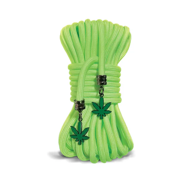 bright green polypropylene rope with black end caps and leaf charms