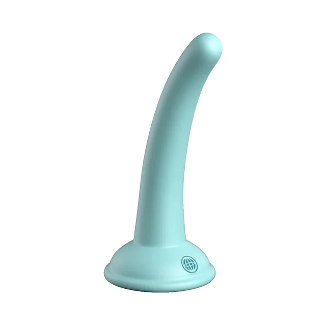 Angled view of teal Curious Five curved suction dildo