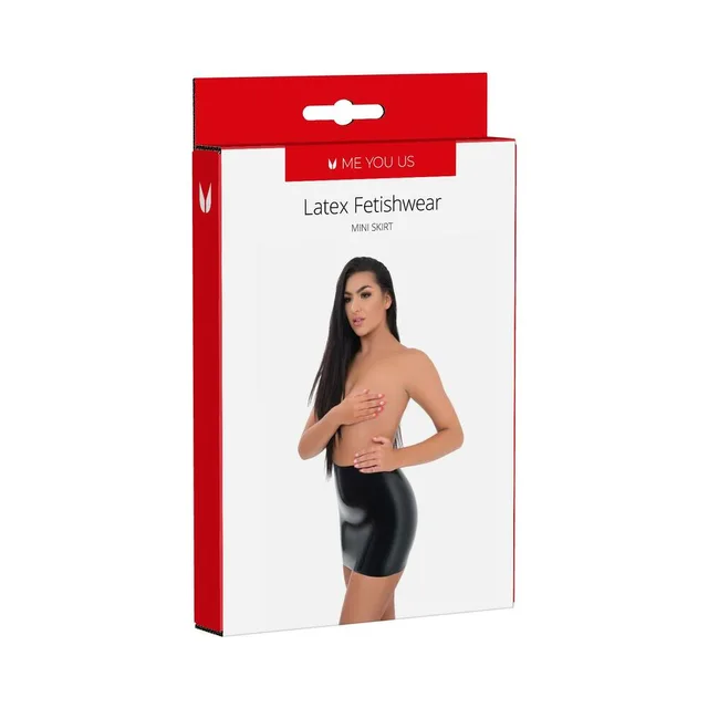 model wearing black Me You Us latex mini skirt on retail box, size Small