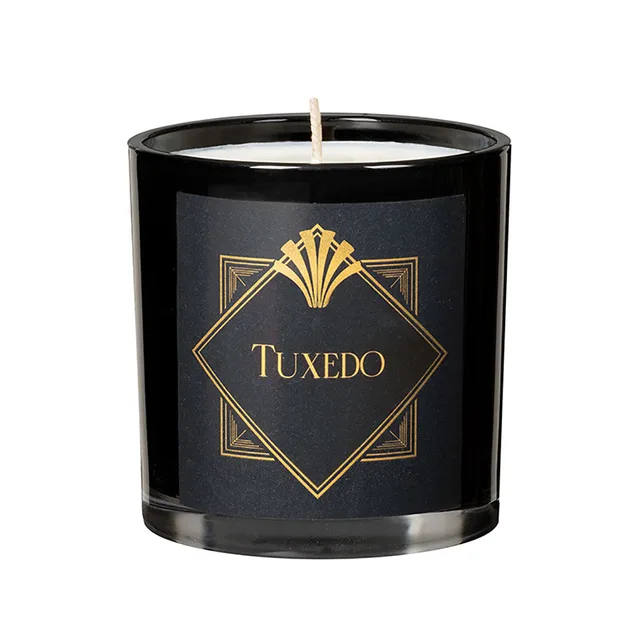 black glass Olivia's Boudoir Tuxedo candle with white wax and single wick