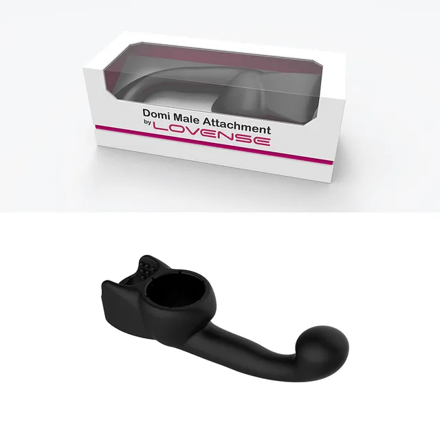 Black Lovense Domi P-Spot attachment below its white retail box