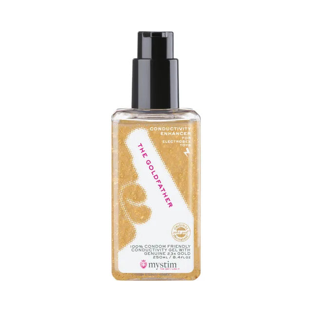 Mystim Goldfather 8.4-ounce conductivity gel gold liquid in clear bottle with black pump