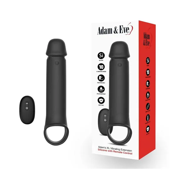 Adam's XL black remote vibrating extension with remote beside retail box