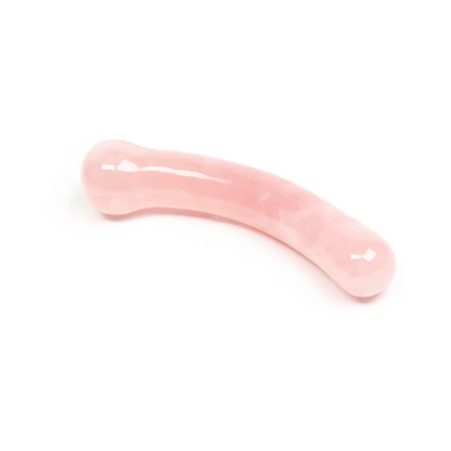 Angled view of light-pink Chakrubs Heart Curve rose quartz wand