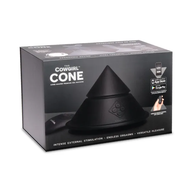 Black Cowgirl Cone external vibrator displayed in retail box