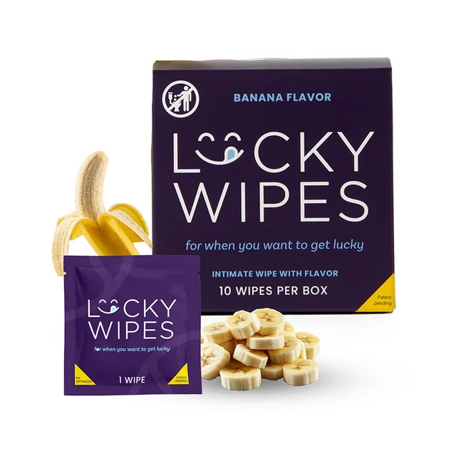 Banana Lucky Wipes box and single purple sachet with banana pieces
