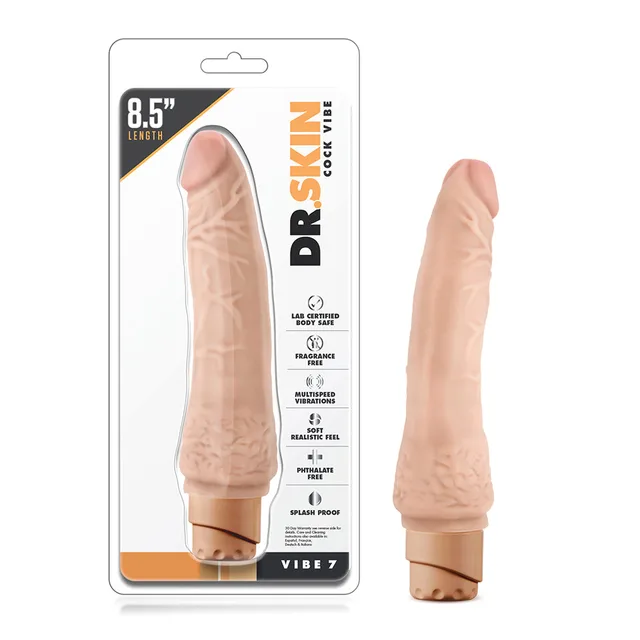 Dr. Skin Cock Vibe 7 beige vibrating dildo beside retail package