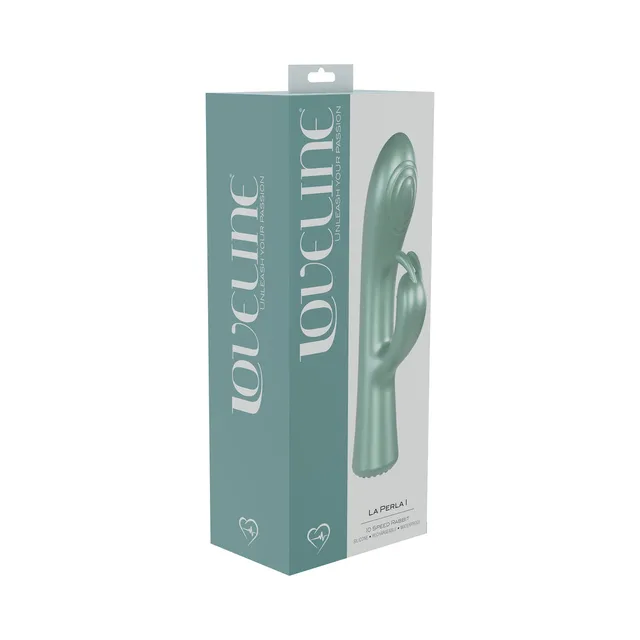 green LoveLine La Perla I rabbit vibrator with spiral tip pictured on teal box